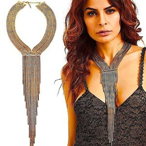 Gold Chain Tassel Rhinestone Accent Fringe Statement Collier Necklace
